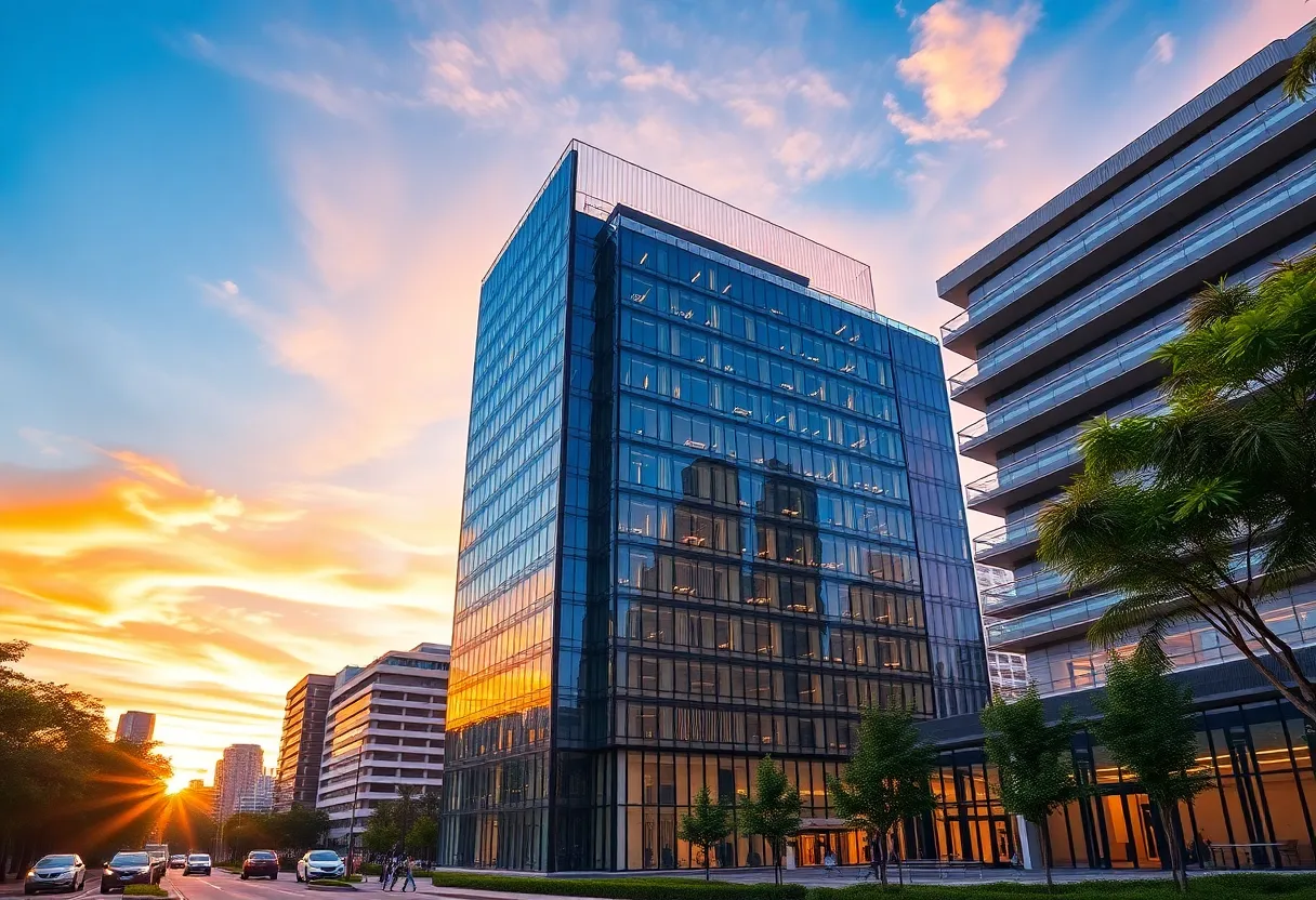 Vibrant Australian commercial real estate building at sunset.